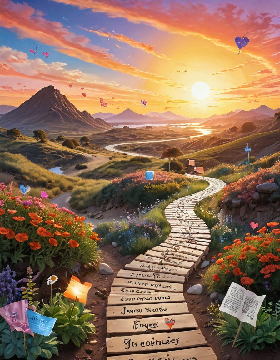 A serene landscape representing a journey through a tumor terrain, featuring a winding pathway lined with supportive figures holding educational banners and symbols of advocacy. In the background, a radiant sunset casts a warm glow, symbolizing hope and empowerment. Include elements like books, tablets, and hearts to represent knowledge and wellness. Illustrate various flora to signify growth and resilience. vibrant colors. super-realistic.