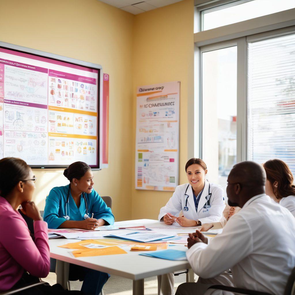A dynamic scene depicting a diverse group of healthcare professionals and patients passionately engaging in discussions around a table filled with educational materials about oncology. In the background, a large whiteboard displays colorful charts and infographics about cancer awareness and advocacy. Sunlight streams through a window, creating a warm and inviting atmosphere. Focus on expressions of hope and collaboration. bright colors. super-realistic.