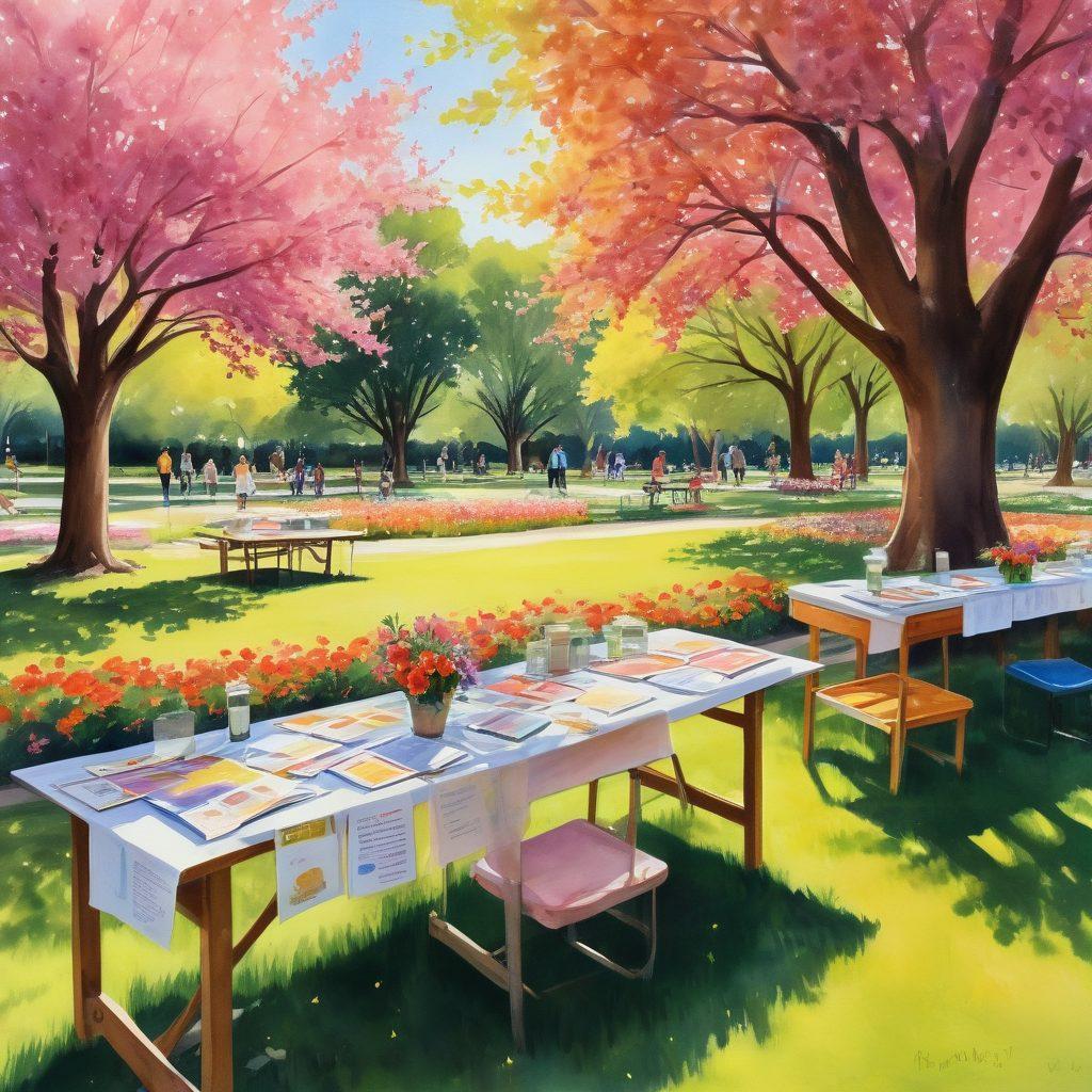 A vibrant community gathering in a serene park, showcasing diverse individuals sharing stories of hope and perseverance while surrounded by blooming flowers and supportive banners. Elements such as pamphlets and resource guides on tables symbolize empowerment and knowledge. Warm sunlight bathes the scene, evoking a sense of togetherness and strength. watercolor painting. uplifting colors.